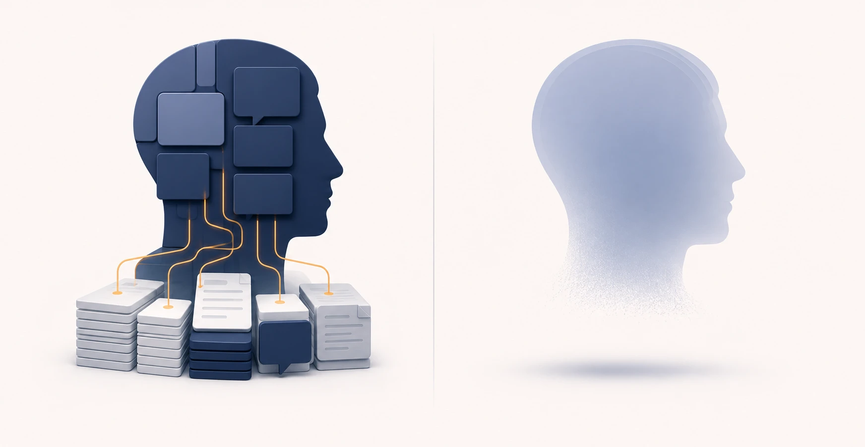Two persona profiles side by side — one assembled from stacked documents of real customer evidence, the other formed from empty generated shapes with no source beneath it