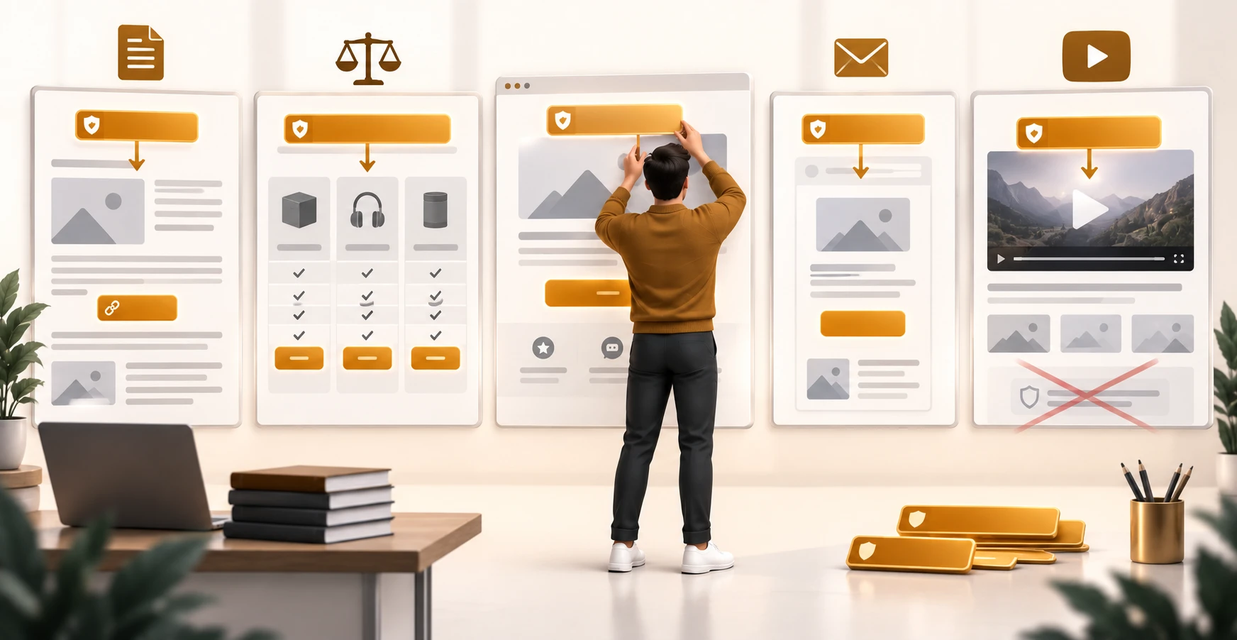 A marketer placing affiliate disclosures before the first link on a blog post, comparison page, landing page, email, and video
