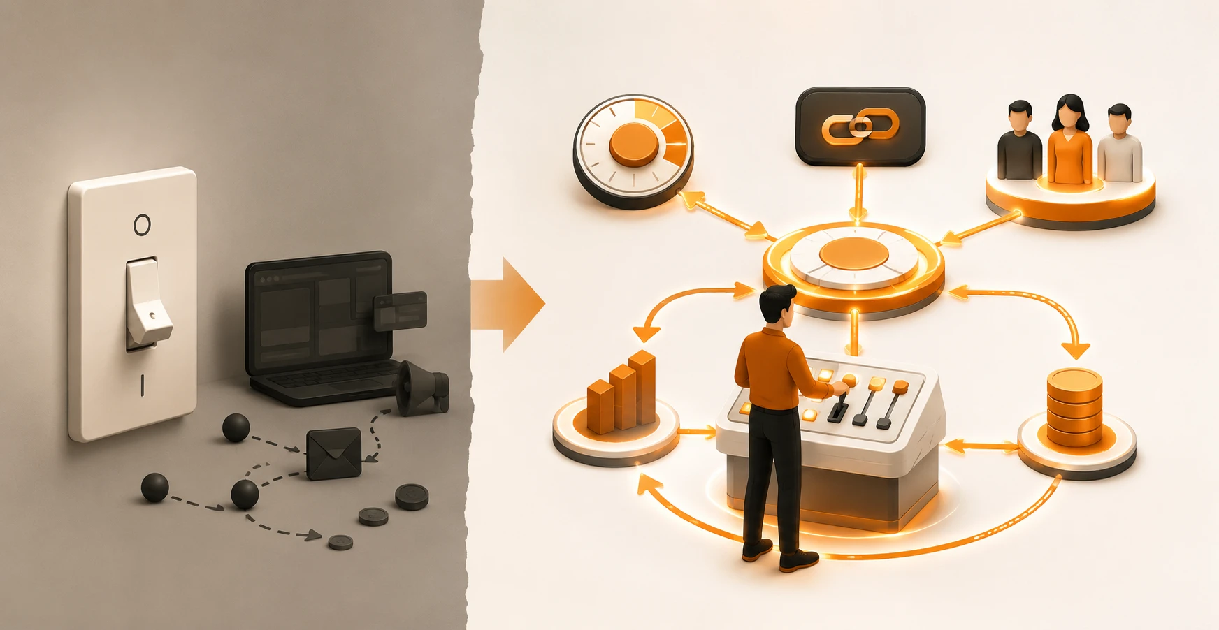 A marketer setting up an affiliate program — mapping commission structure, tracking, and partner recruitment as a connected system