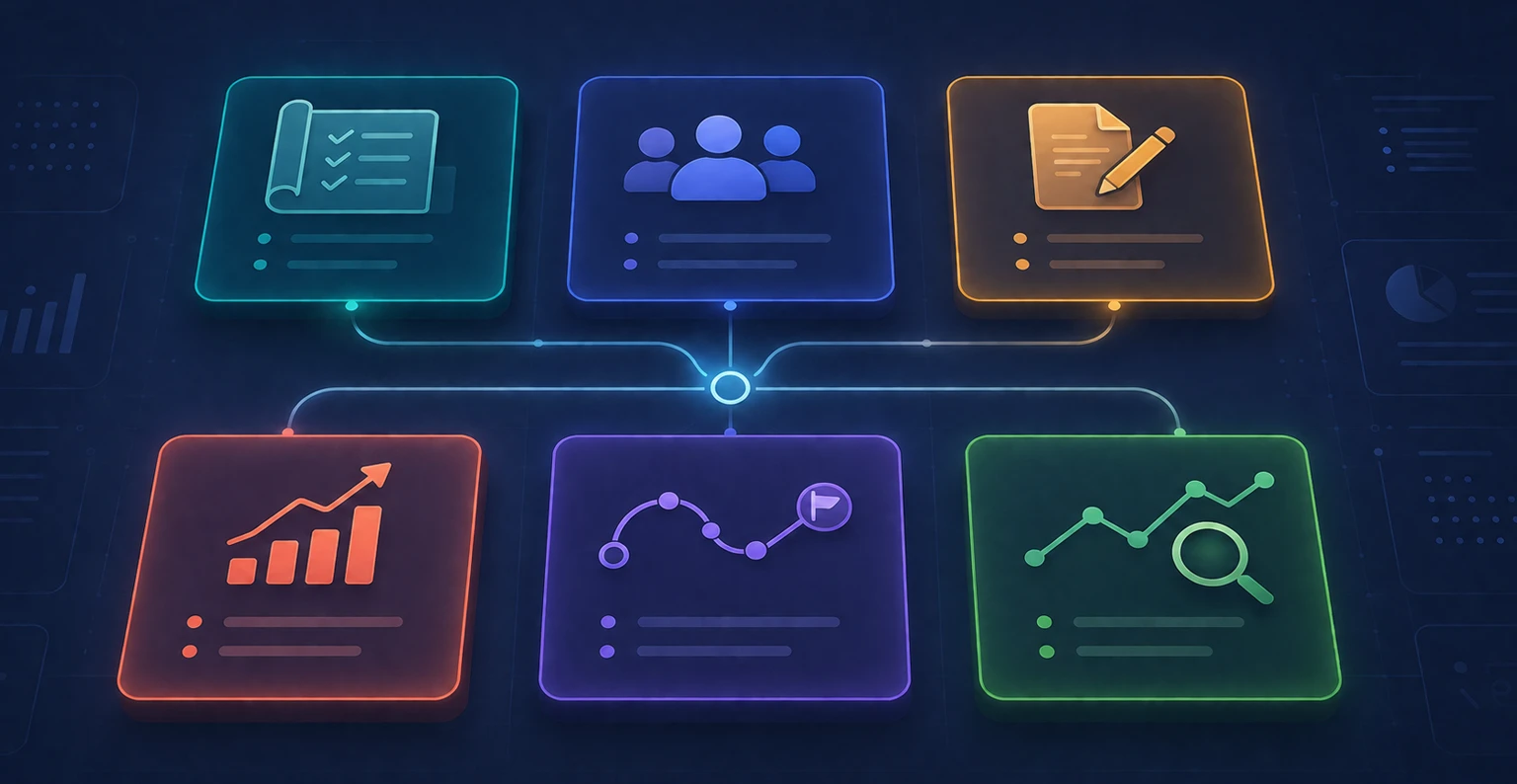 A dashboard of specialized AI agents each handling a different marketing task, from planning and content to media buying and analytics