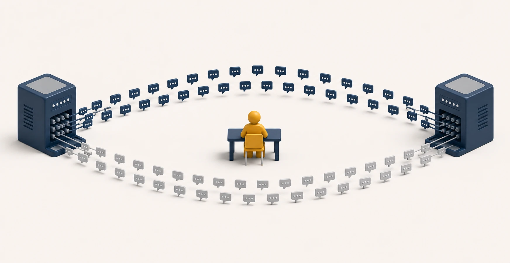 An automated sending system firing a huge volume of messages at an inbox wall where an automated filter intercepts nearly all of them before any person appears
