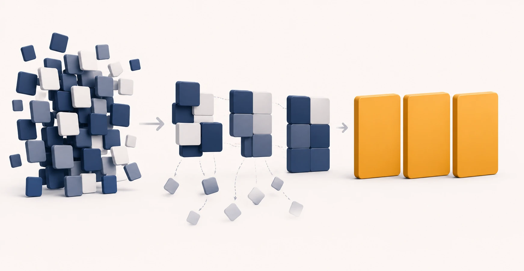 A crowded field of small software tiles consolidating into a few larger platform blocks, with several tiles dimmed and falling away at the edges