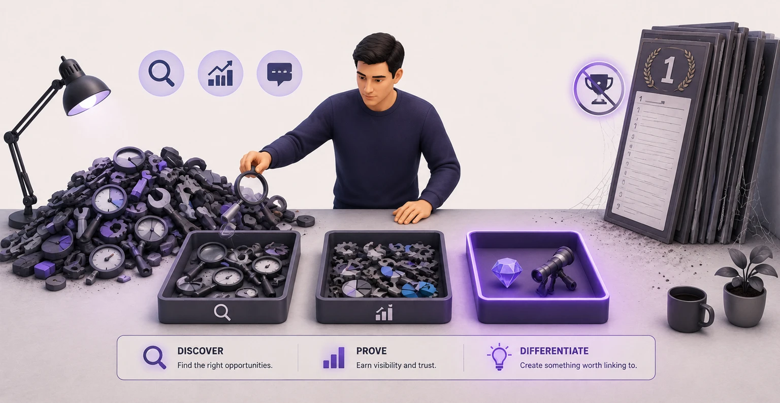A marketer sorting a pile of AI SEO tools into the three jobs they actually do and setting the rest aside