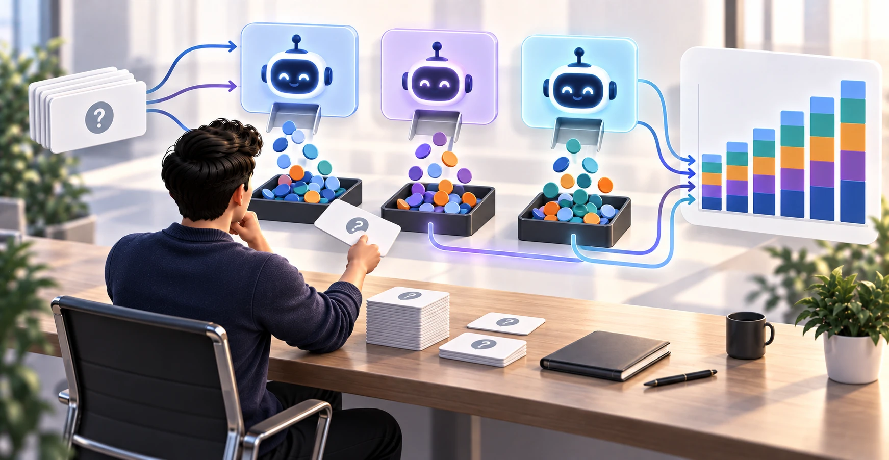 A marketer running the same set of questions through AI assistants many times and charting how often each brand appears