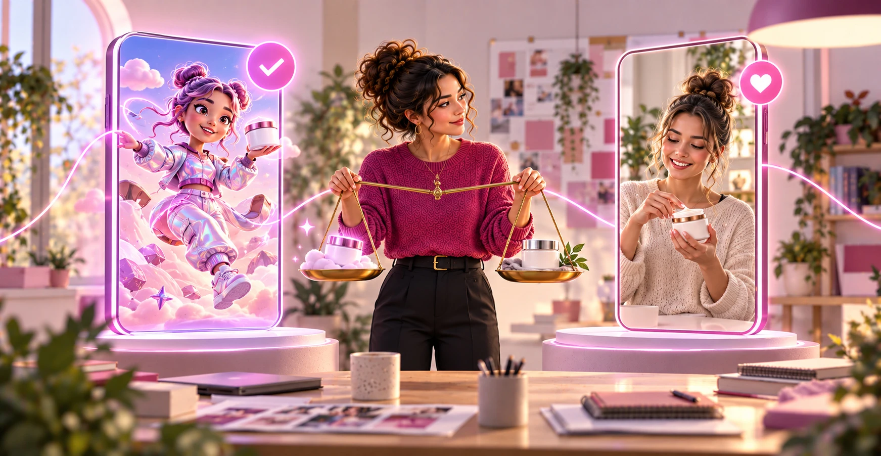 A marketer comparing a clearly labelled AI character with a real creator sharing a genuine product experience