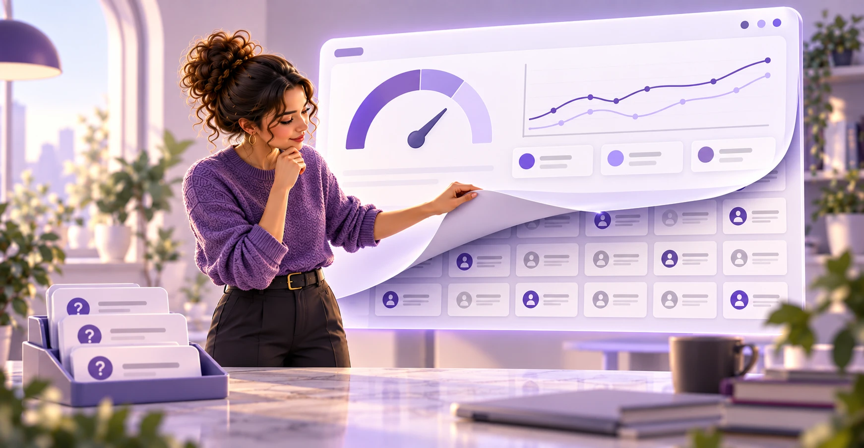 A marketer examining an AI visibility dashboard and the sample of answers behind its score