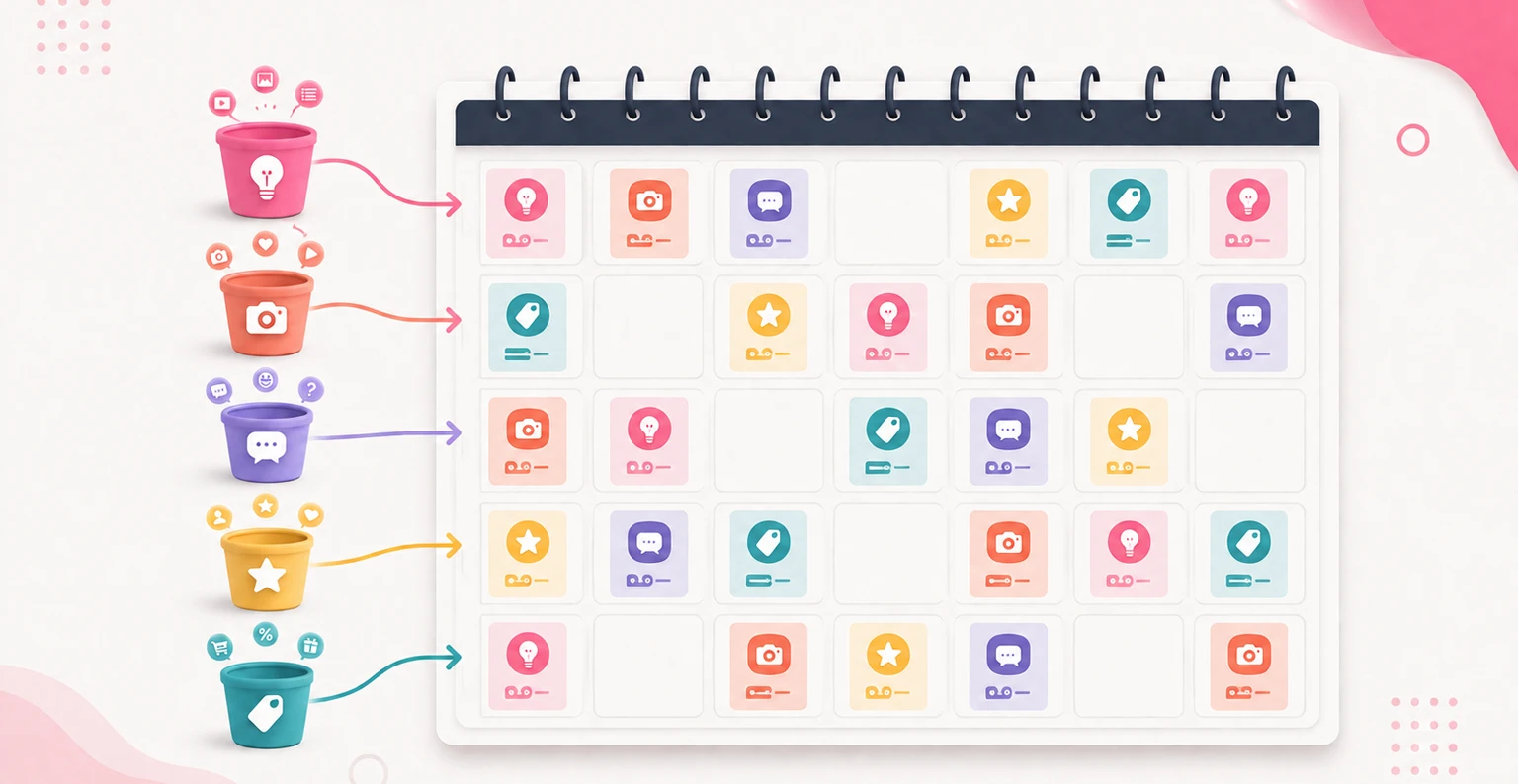A simple social media content calendar laid out across a week, showing planned posts by platform, content type, and date