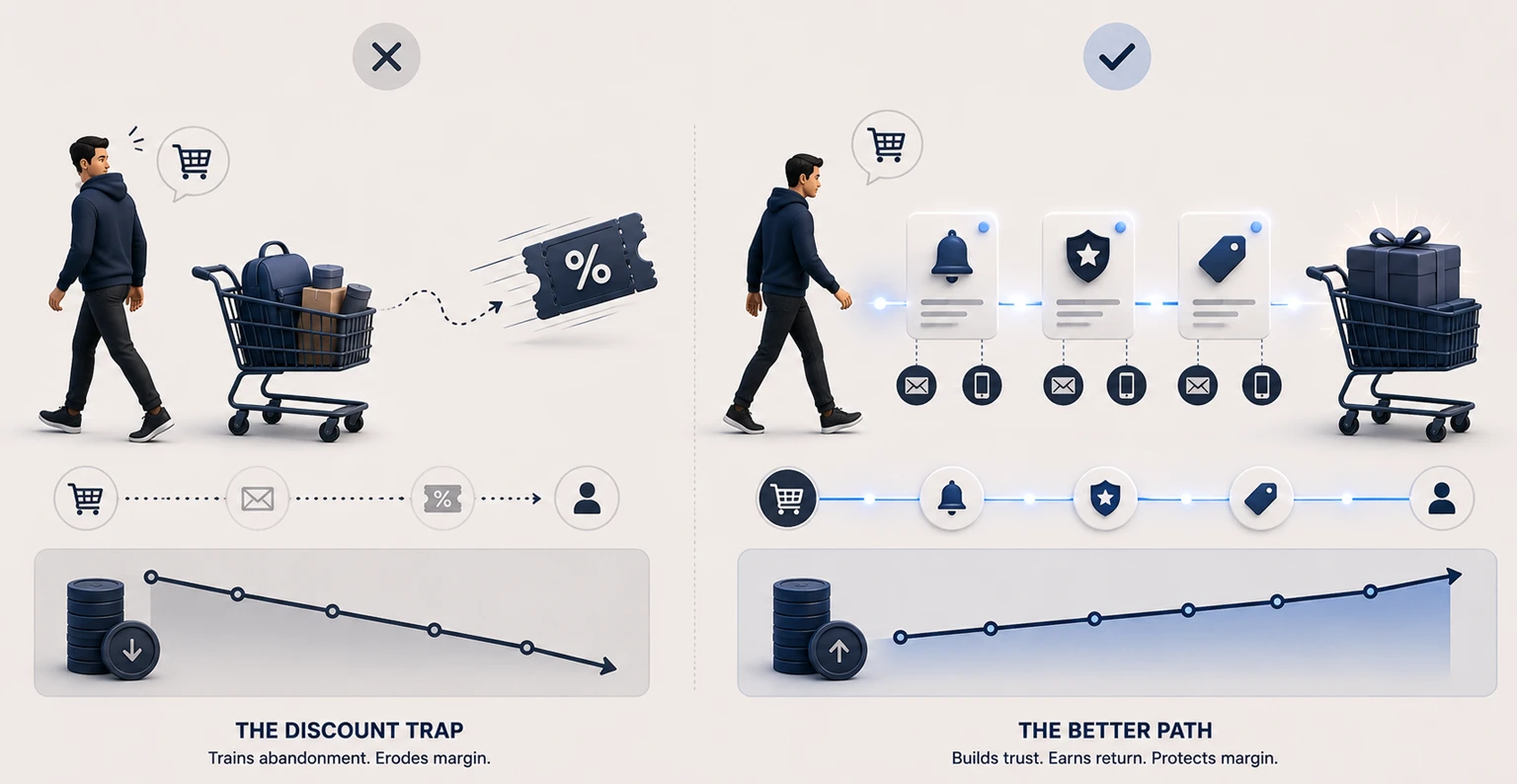 An abandoned cart recovery flow shown as a timed sequence of reminder, reassurance, and incentive messages across email and SMS