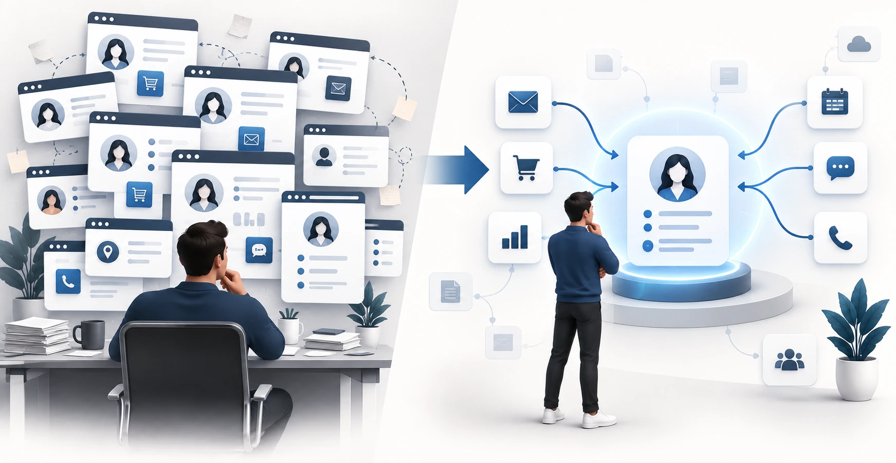 A marketer folding scattered sales and marketing tools into one central CRM that holds a single clean customer record
