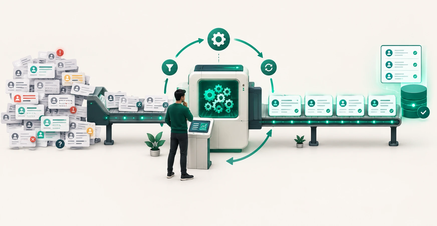 A marketer running automated deduplication, enrichment, and validation pipelines to keep CRM records clean continuously