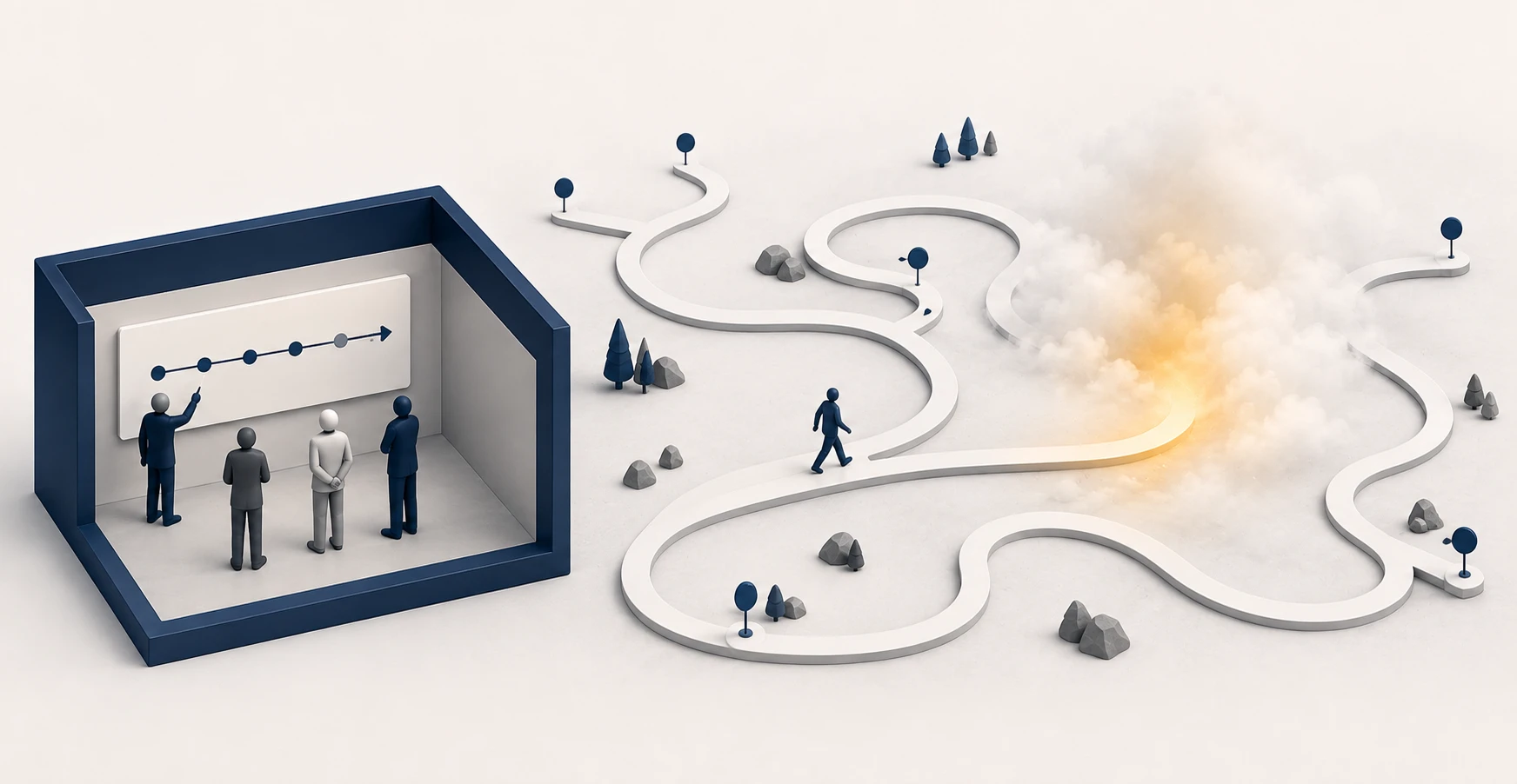 A neat journey diagram drawn inside a closed room beside the larger unobserved path customers actually took outside it