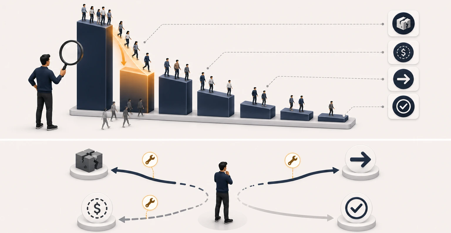 A customer retention cohort curve showing where buyers drop off over time and which interventions keep them returning