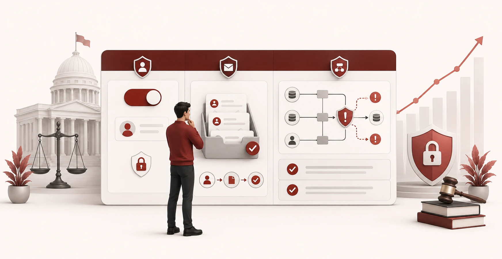 A marketing team reviewing privacy compliance risk points like opt-out mechanisms, data requests, and ad-tech data sharing as fines rise in 2026