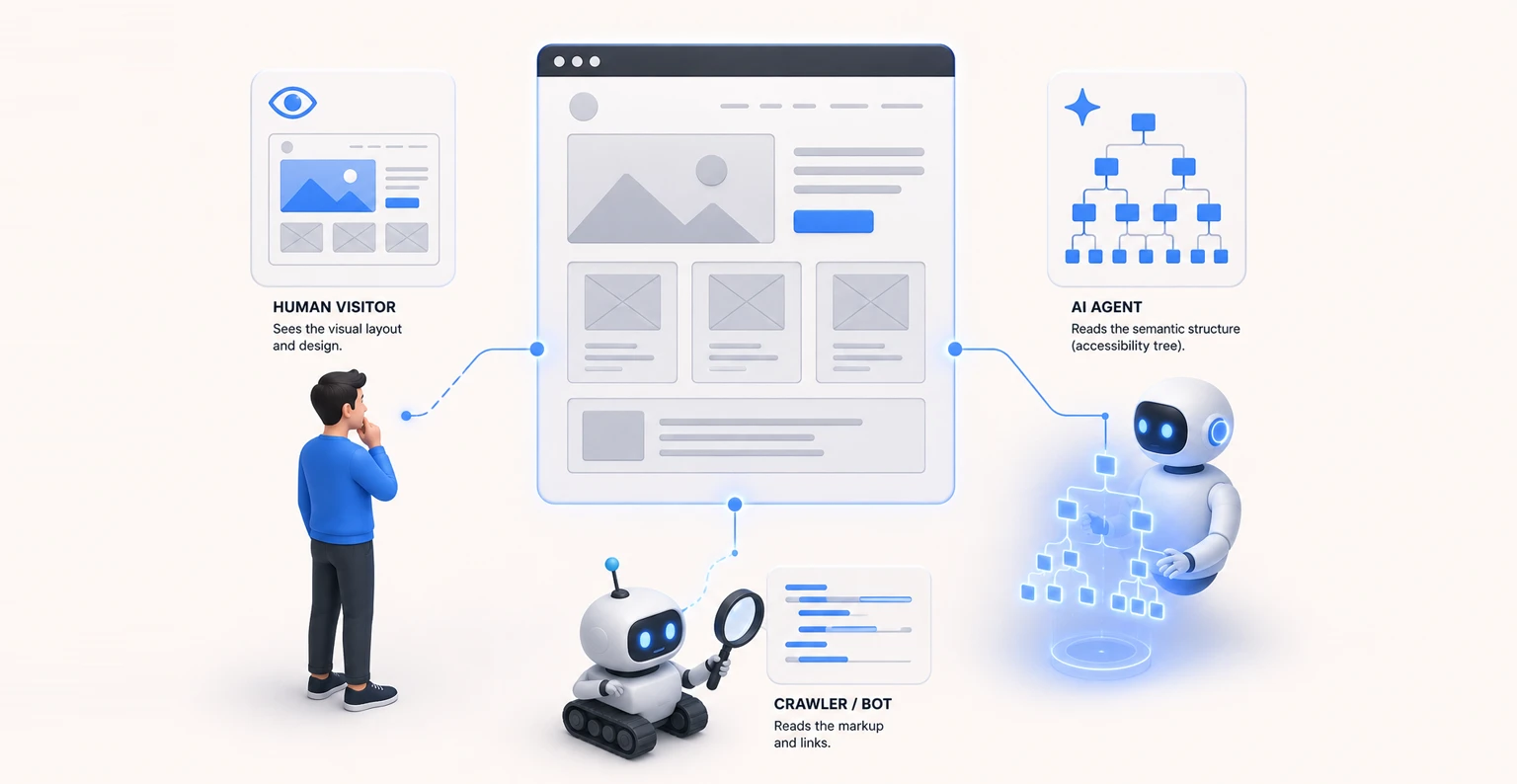 A website being read simultaneously by a human visitor, a search crawler, and an AI agent parsing its structure