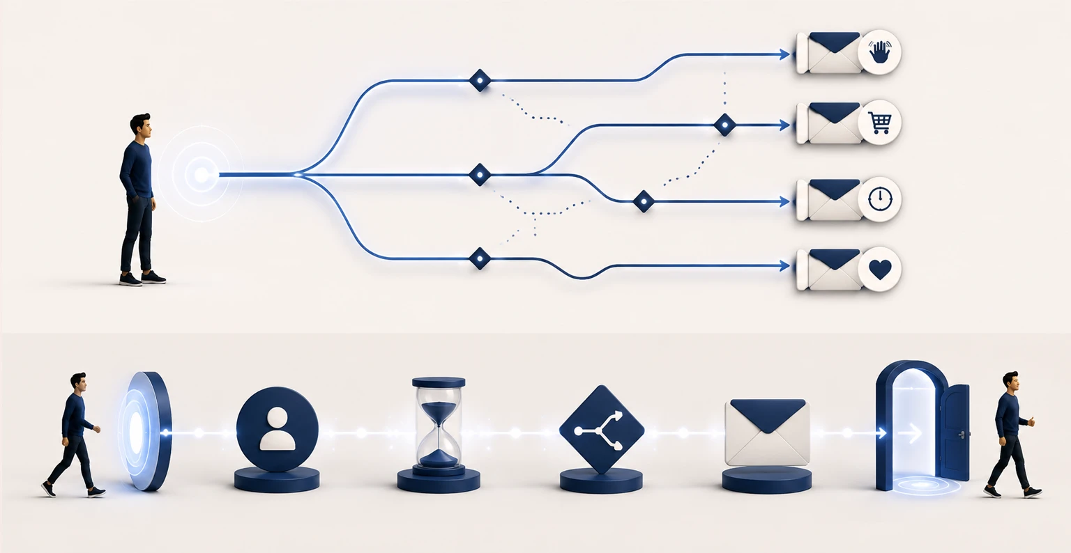 A single subscriber moving through branching automated email paths — welcome, cart, and win-back — each firing at the right moment