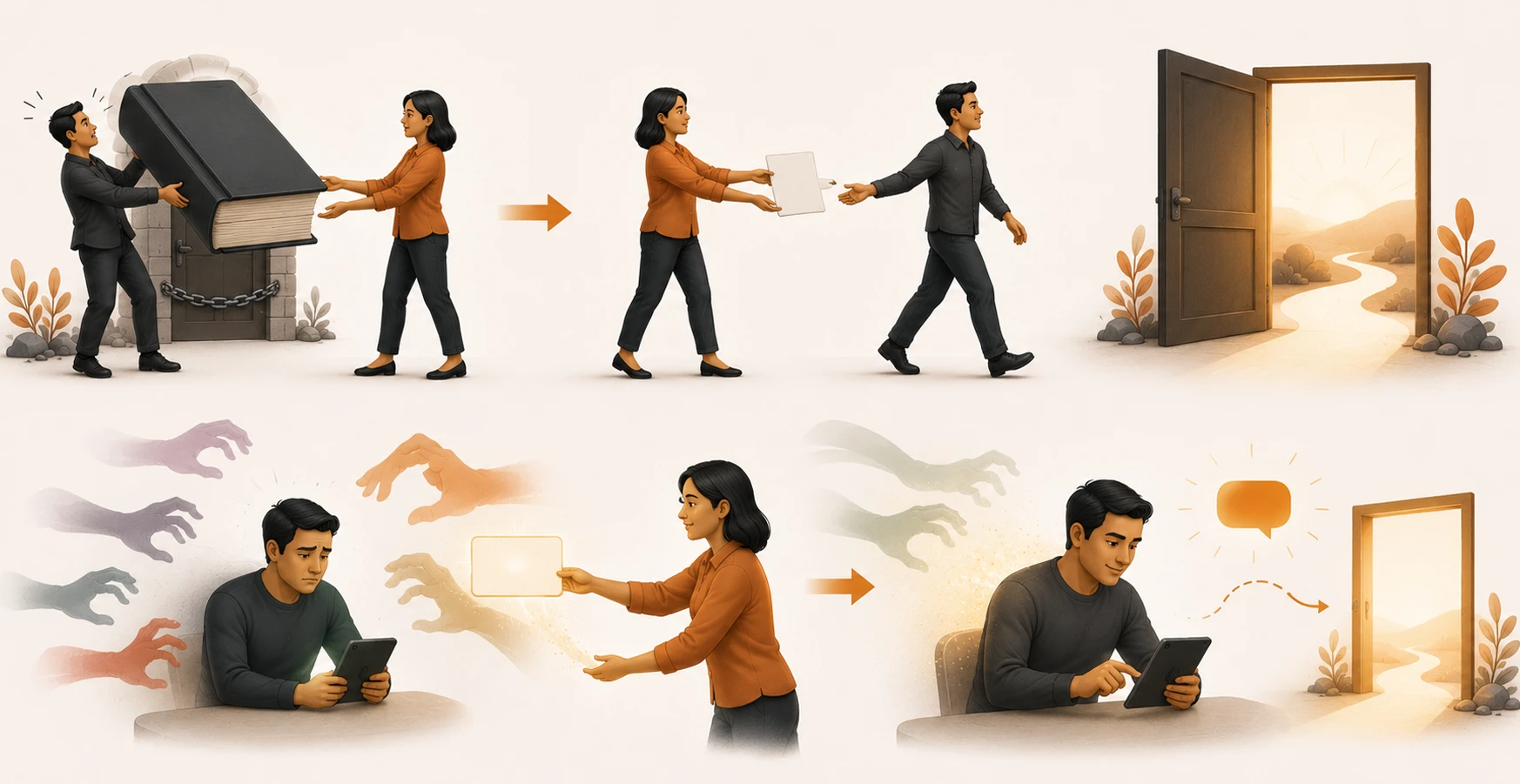 A marketer handing an advocate a short, clear one-page guideline that frees them to post rather than a thick rulebook that freezes them