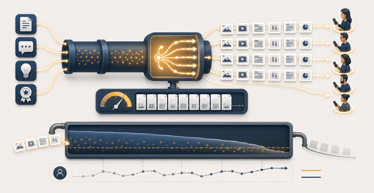 A content pipeline turning source material into post-ready drafts that keep employee advocates supplied week after week