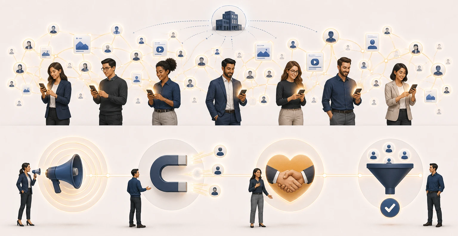 Employees across different companies sharing branded content from their own social accounts, extending brand reach through personal networks