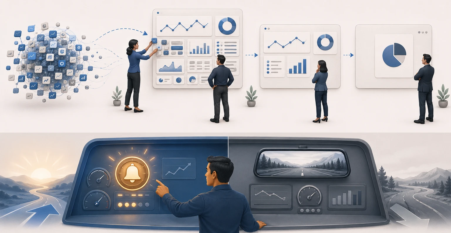 A marketer arranging advocacy metrics into three separate dashboards for operators, managers and leadership instead of one crowded screen