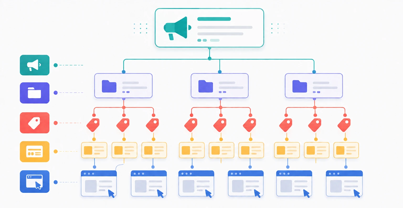 A clean Google Ads campaign structure diagram showing campaign, ad groups, keywords, ads, and landing page for a first-time advertiser