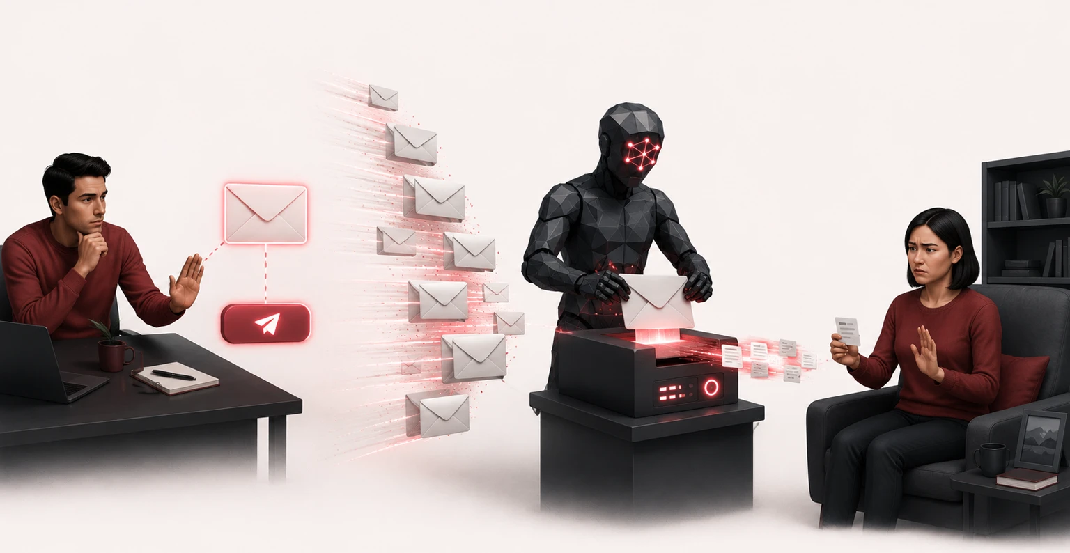 A marketer choosing not to send an email while an AI assistant summarizes messages before they reach a reader