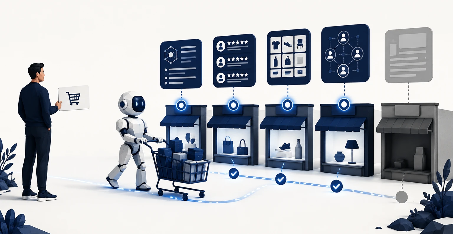 An AI assistant recommending a shortlist of products to a shopper by reading structured data, reviews, and feeds instead of a page of search links