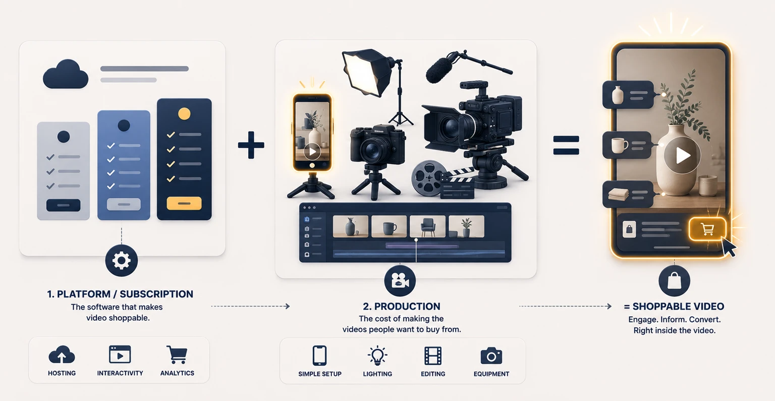 A breakdown of shoppable video costs showing platform subscription fees and video production costs across budget tiers in 2026
