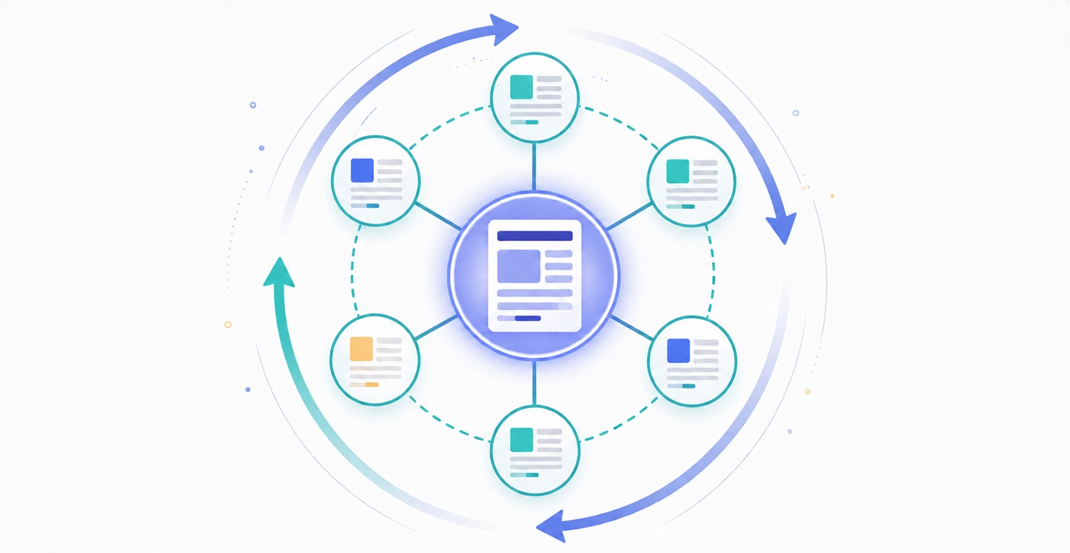 A content flywheel showing pillar and cluster pages linked together, building topical authority that lifts every page over time