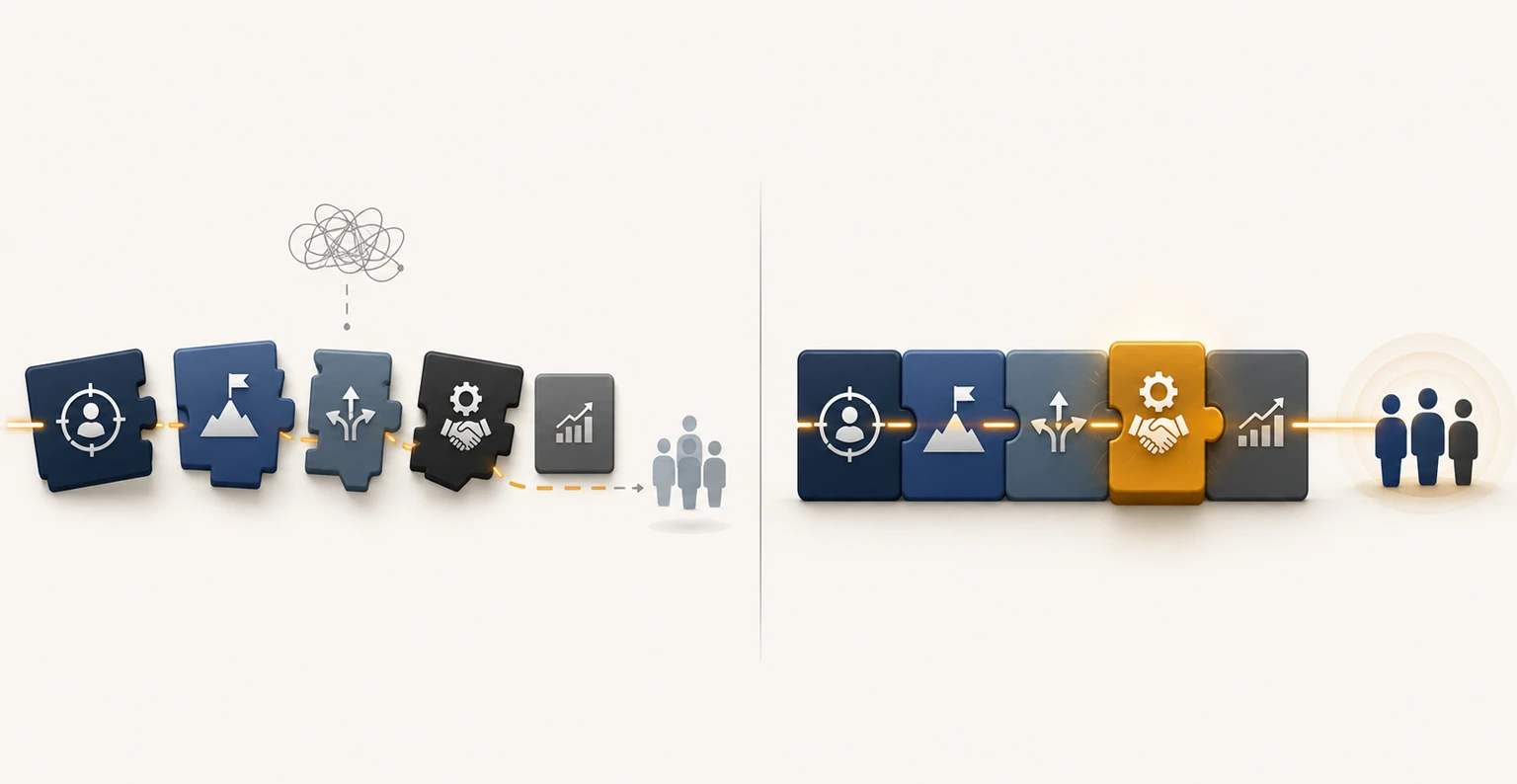 Five connected go-to-market decisions locking together into a coherent strategy that reaches the right buyers