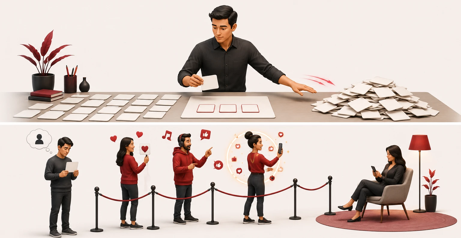 A marketer making a small number of deliberate choices and setting the rejected options aside, rather than filling in a template