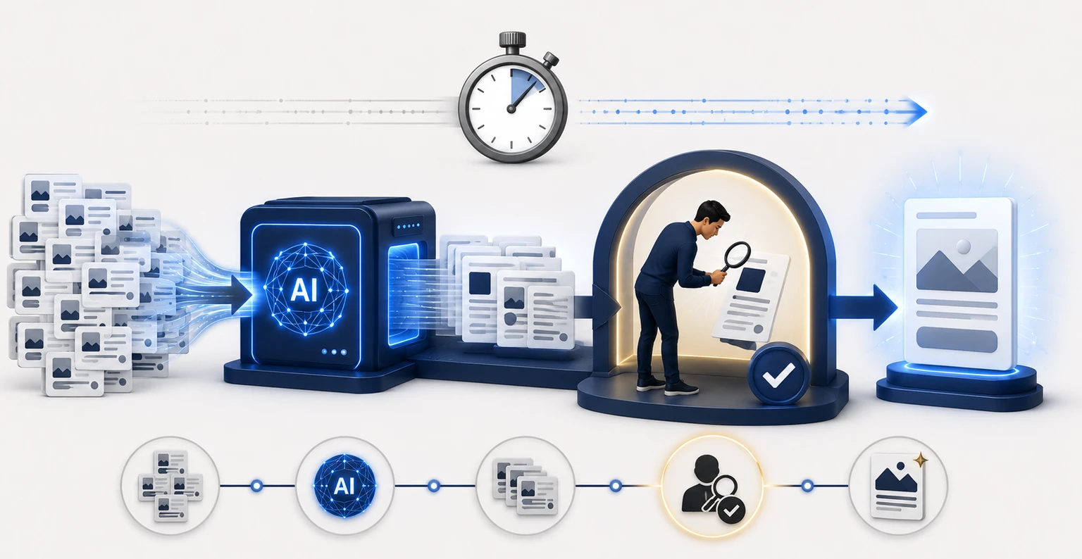 A marketer routing a repetitive task through an AI step and a human review checkpoint, saving net time in a repeatable workflow