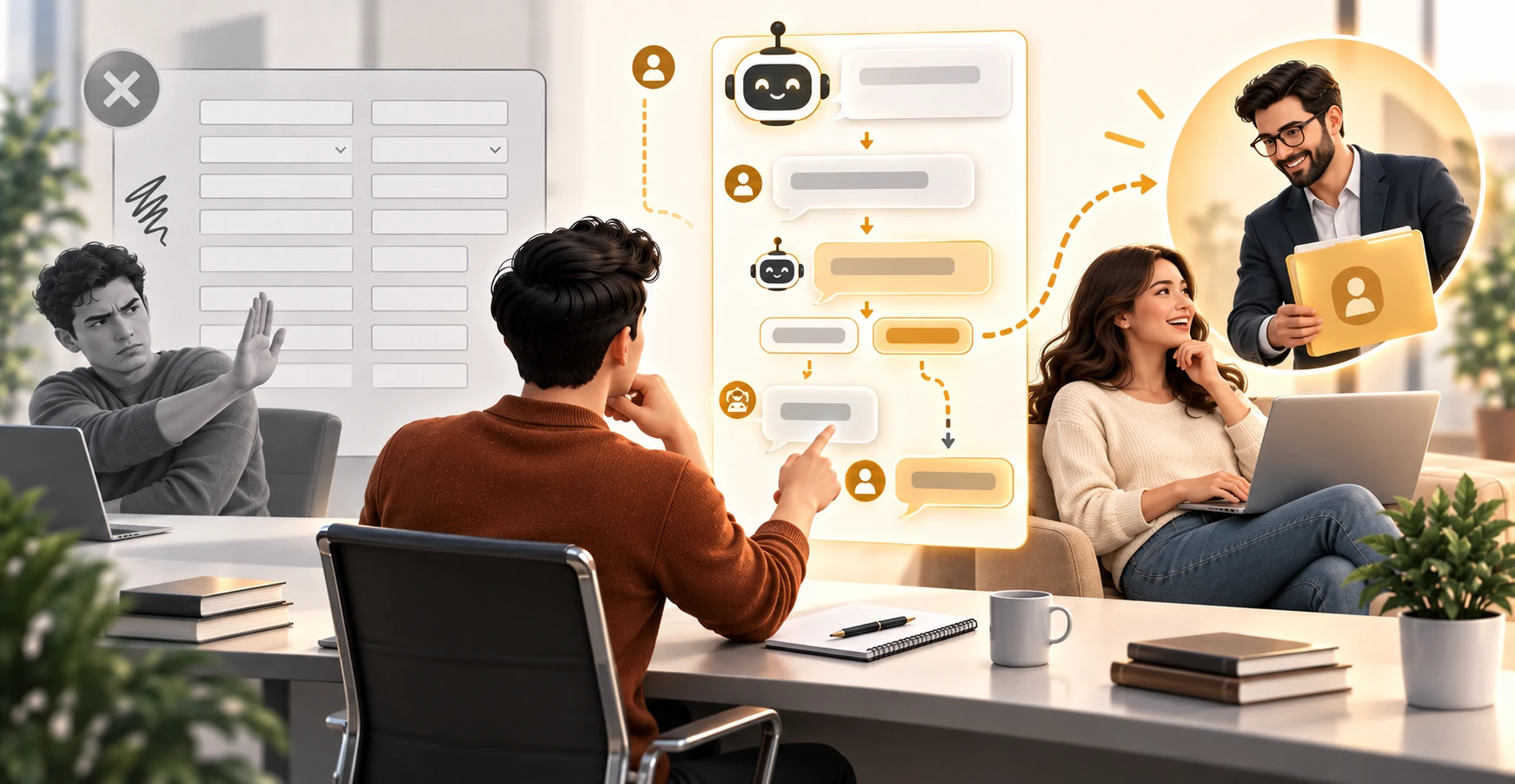 A marketer designing a conversational lead-qualifying chatbot flow that asks one question at a time and hands off to a human at the right moment