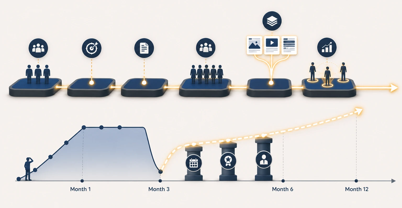 A phased employee advocacy program plan moving from roles and guidelines through a pilot group to a sustained content supply