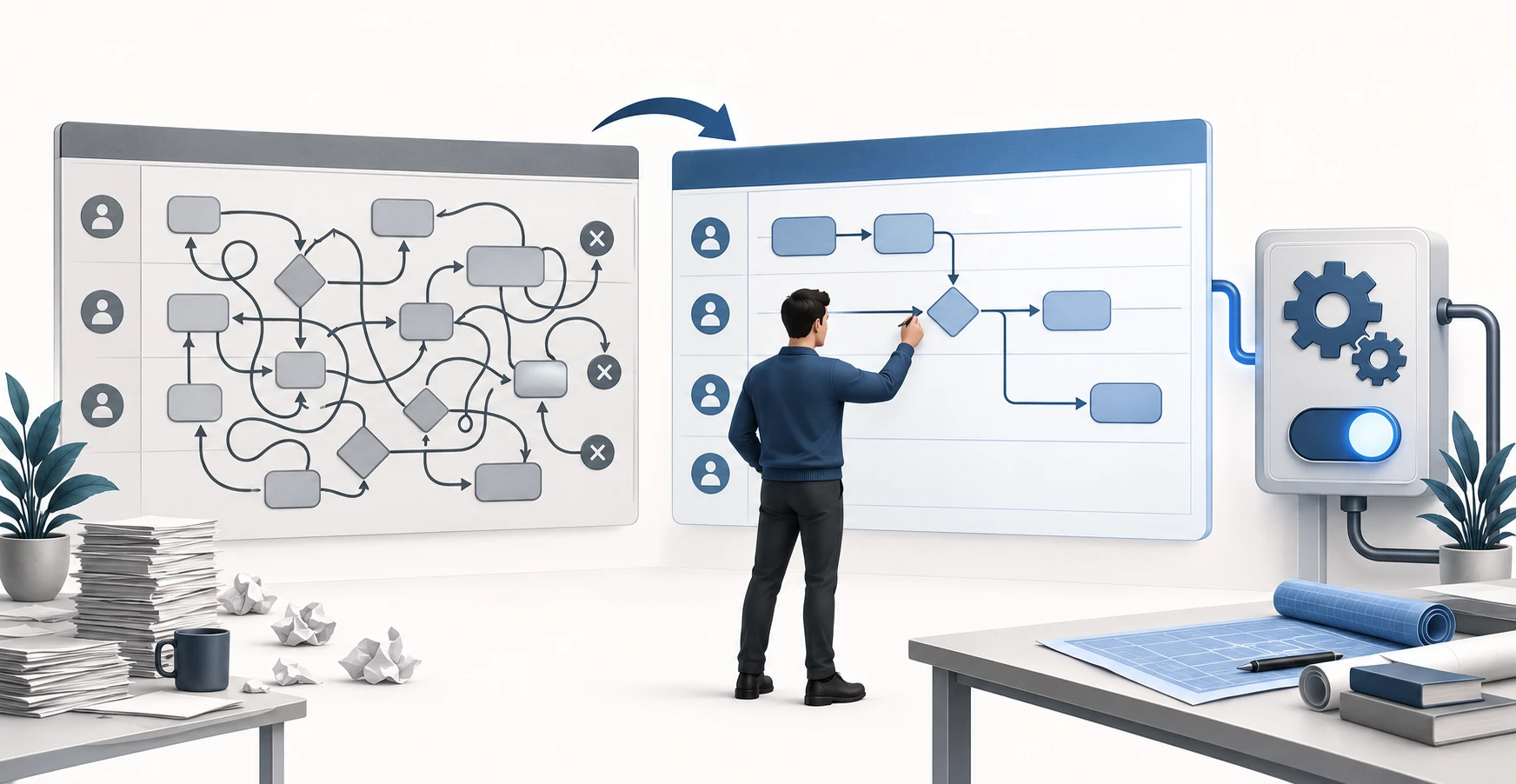 A marketer mapping and documenting a marketing workflow on a swimlane diagram before building it into automation