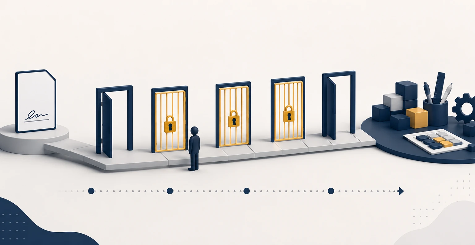 A signed agreement on one side and productive work on the other, separated by a gap filled with locked access gates waiting to be opened