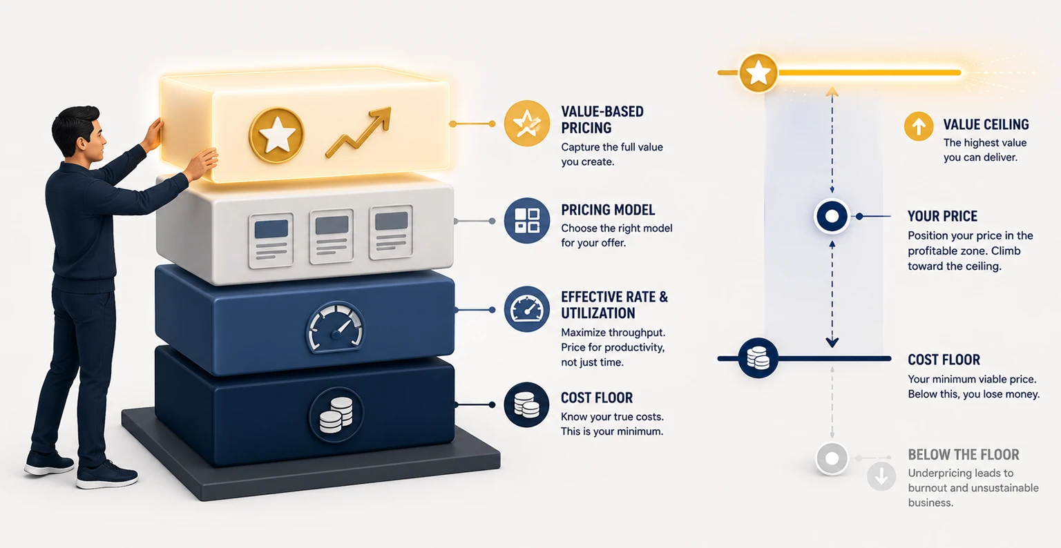 An agency owner building a pricing framework from a cost floor and effective hourly rate up toward value-based profitable rates