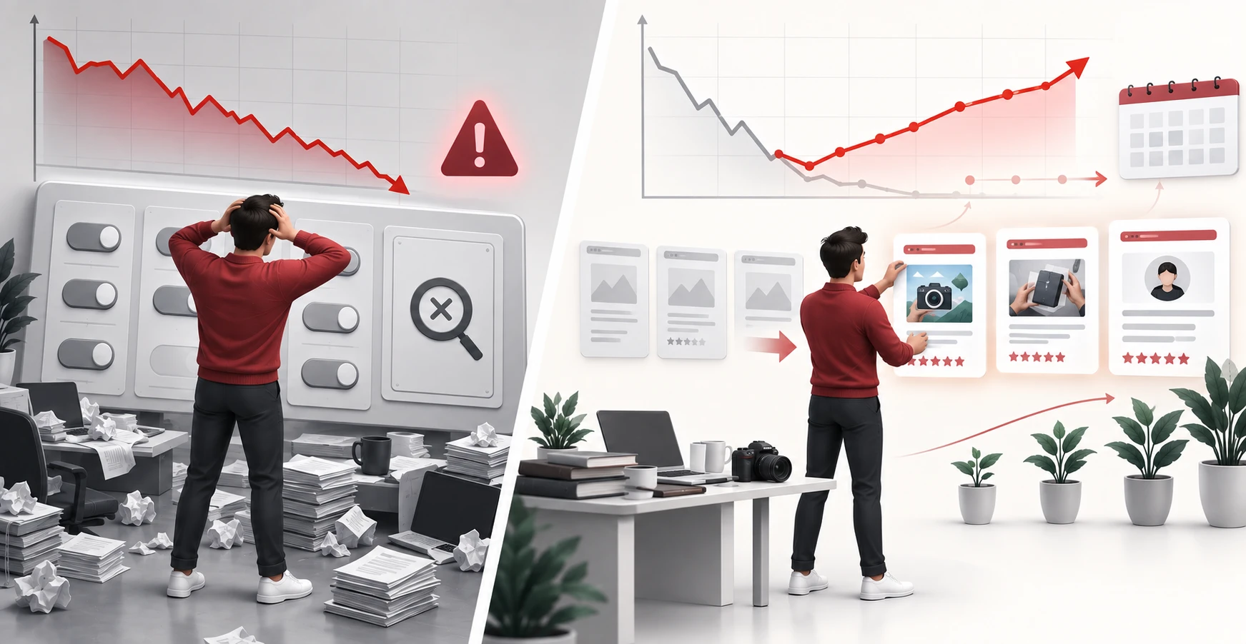 A marketer diagnosing an affiliate site's traffic drop after a Google review update and rebuilding content with first-hand experience