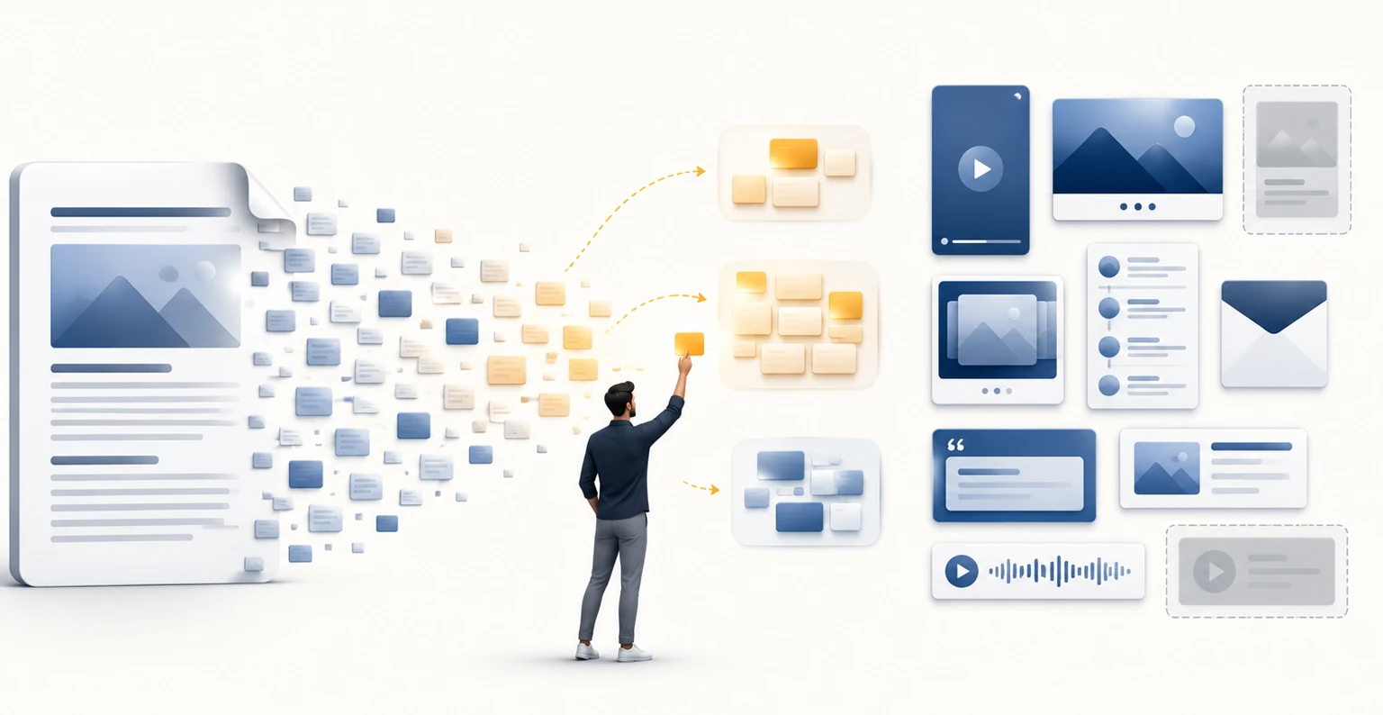 A single long-form content asset being broken into small labelled fragments that reassemble into ten different platform formats along a production line