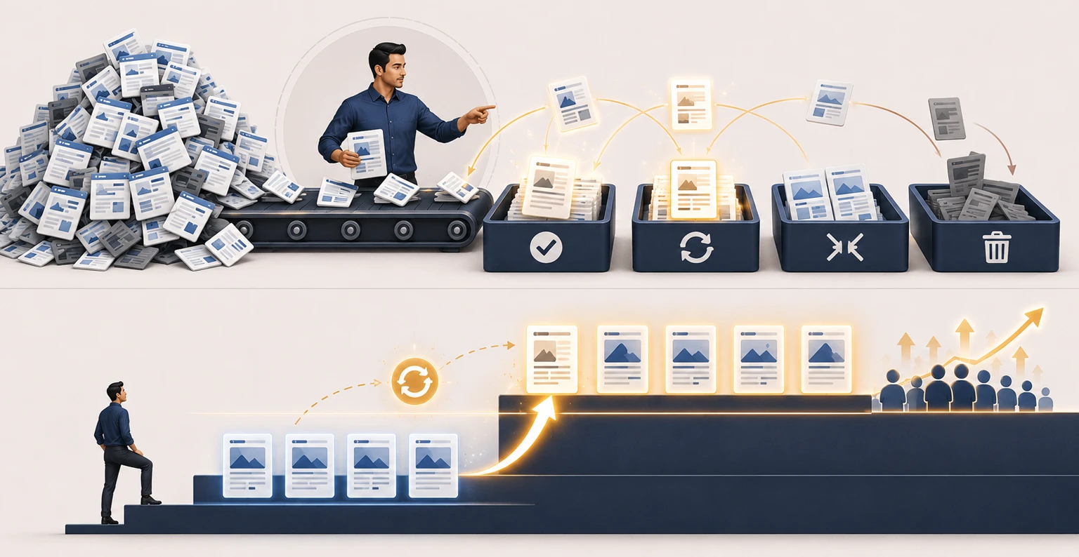 A marketer sorting website pages into keep, update, consolidate, and remove piles during a content audit to improve rankings