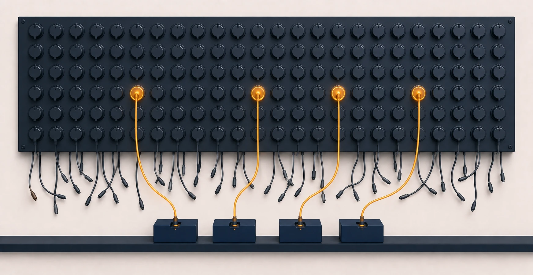 A wall of many identical dials with only four of them lit and connected to anything downstream