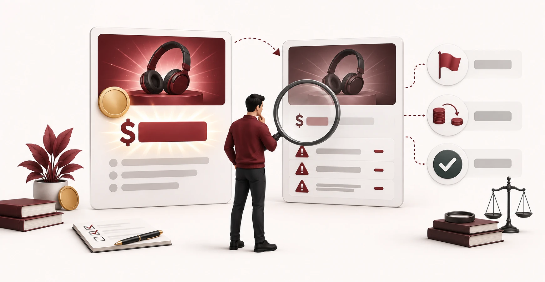 A marketer vetting an affiliate offer for red flags, reversal rates, and payout reliability before promoting it