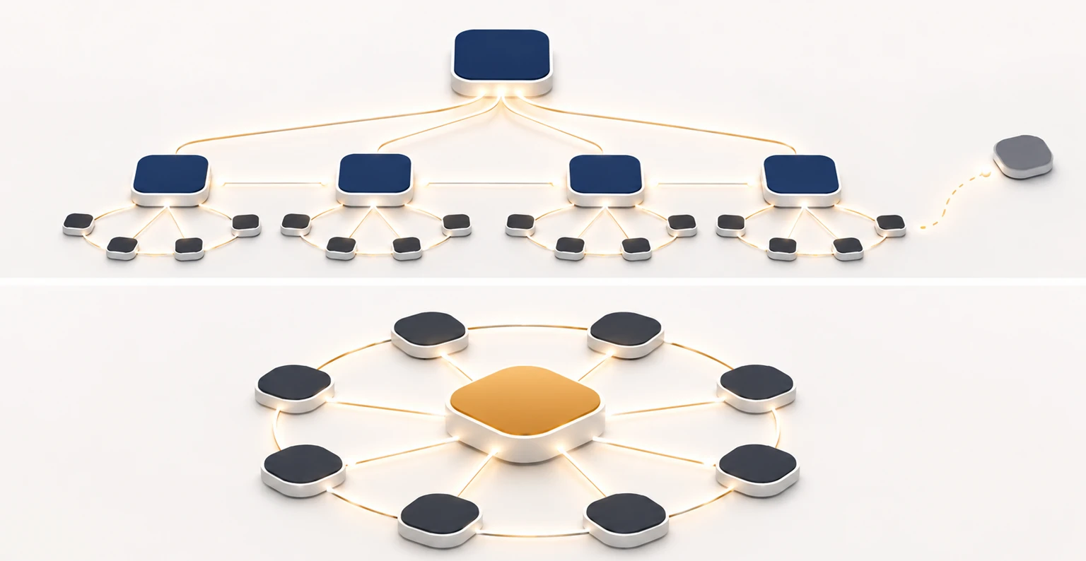 A clean site structure diagram showing a homepage linking down to pillar pages and supporting pages in organised topic clusters