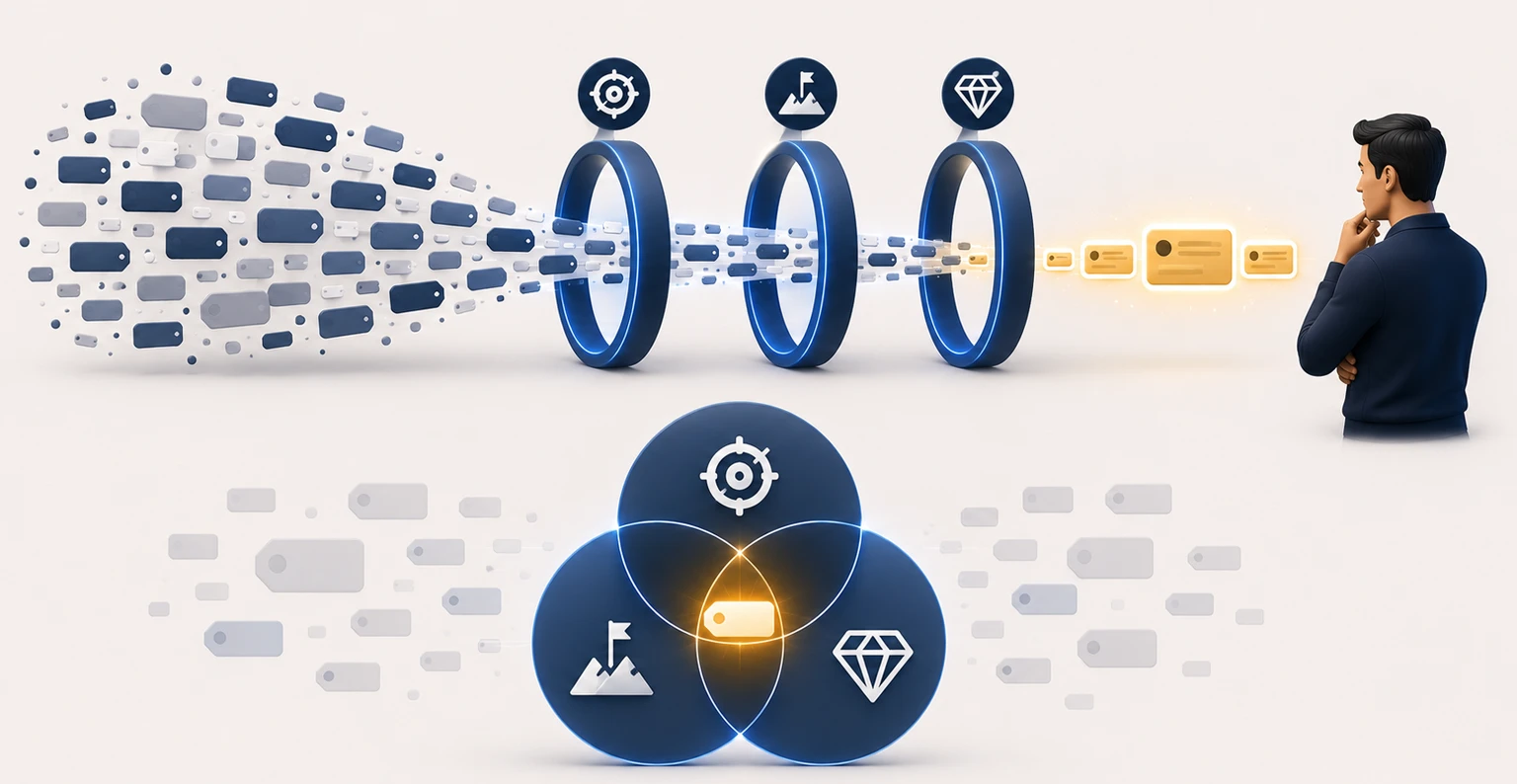 A marketer filtering a universe of search terms down to the winning keywords that are relevant, winnable, and valuable in 2026