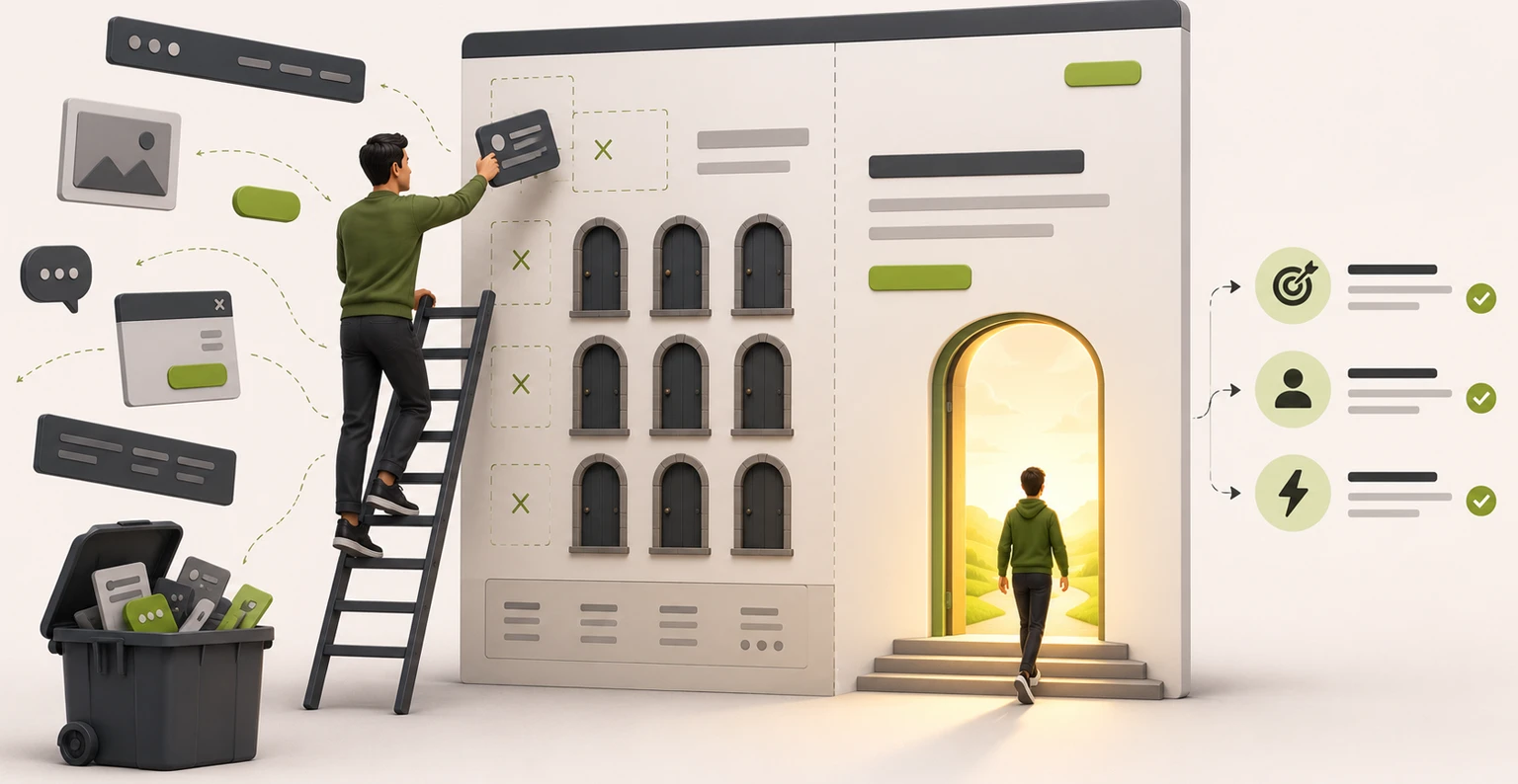 A designer removing every distraction from a landing page until only one clear path to a single action remains