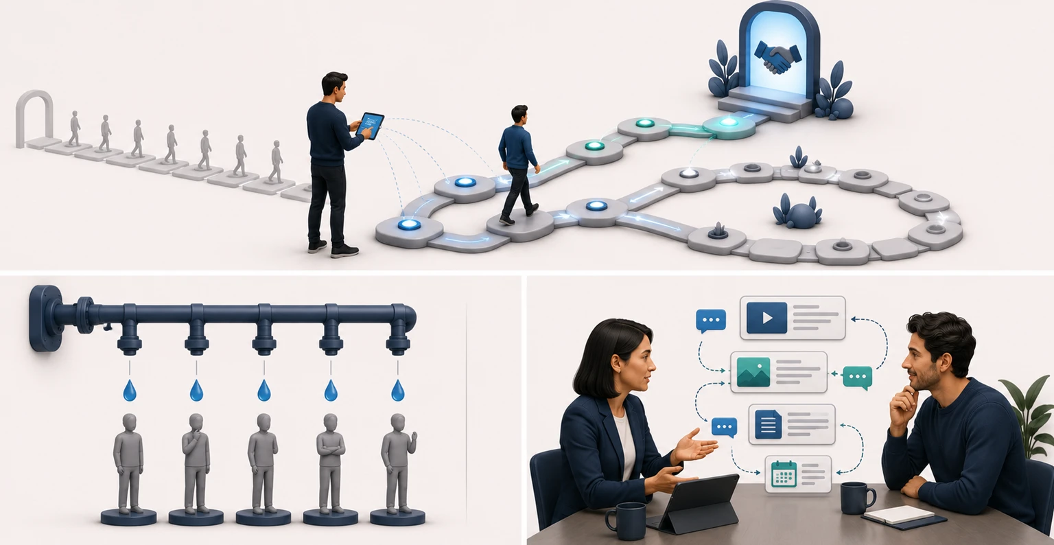 A marketer guiding a lead along a path of relevant touches that respond to behaviour rather than a fixed timed drip