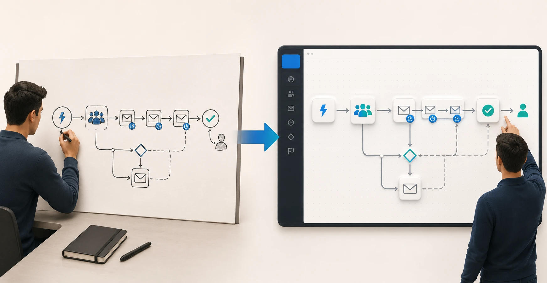 A marketer mapping a lead-nurture automation workflow — trigger, segment, sequence, and exit laid out as a connected flow