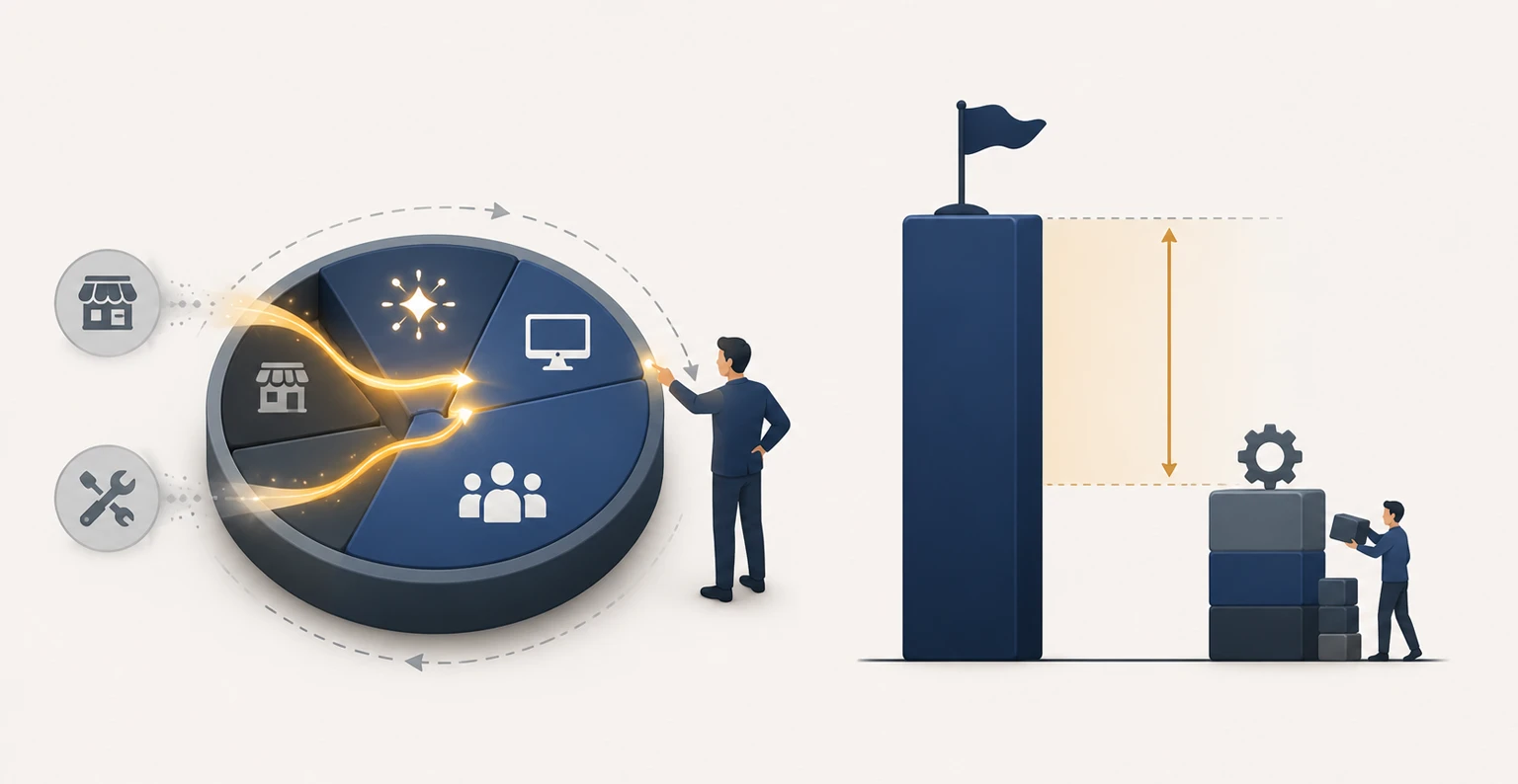 A flat marketing budget being reallocated, with money shifting from traditional channels into AI, digital media and team capability