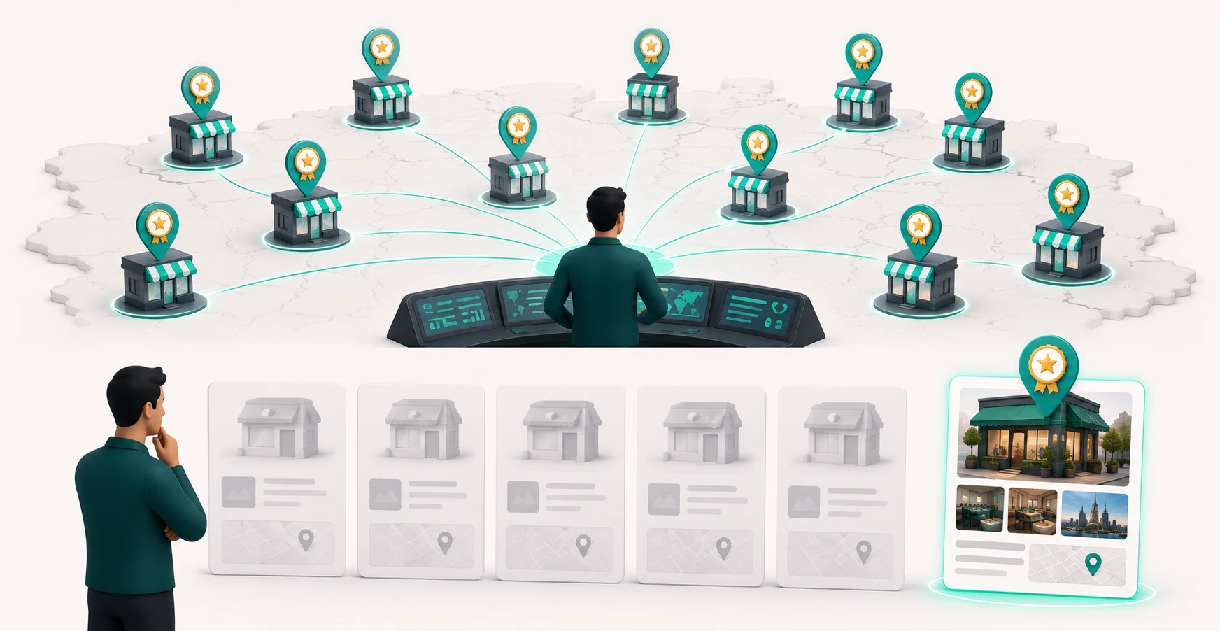 A marketer managing local rankings for many business branches on a map, each ranking in its own city