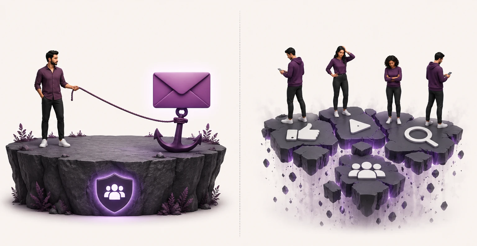 A brand's newsletter sitting at the hub of a wheel with spokes reaching out to website, podcast, community, and events