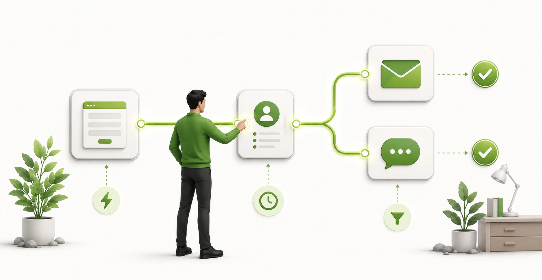 A marketer connecting tools with no-code trigger-and-action automations, linking a form, CRM, email, and Slack without writing code